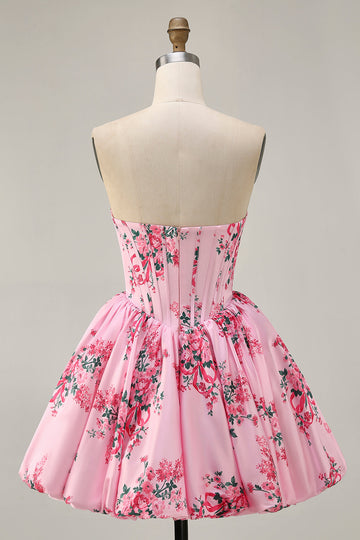 Pink Flower A-Line Strapless Printed Cocktail Dress with Beading